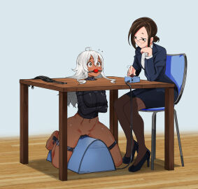 2girls absurdres ahoge alternate_version_available arm_rest ball_gag barefoot blindfold bondage bound bound_arms bound_legs brown_hair chair commission dark-skinned_female dark-skinned_sub dark_skin duo english_commentary eudetenis female female_only femdom femsub flying_sweatdrops forced_orgasm gag gagged glasses high_heels highres jpg knob lezdom lilya_(pretzelfan) long_hair multiple_females multiple_girls navel office_lady original pantyhose pencil_skirt pretzelfan pussy remote_control_vibrator restrained second-party_source sex_toy sitting skirt skirt_suit stationary_restraints straitjacket suit sybian table turning_knob twisting_knob unworn_blindfold vibrator white_hair yellow_eyes yuri yuriko_(pretzelfan)