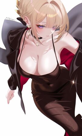 707arisu armpits artist_name black_choker black_dress black_jacket blonde_hair breasts choker cleavage closed_mouth collarbone covered_navel dress earrings evelyn_chevalier evening_gown female highres jacket jewelry large_breasts mole mole_under_eye necklace purple_eyes simple_background single_bare_shoulder solo spaghetti_strap tight_clothes tight_dress white_background zenless_zone_zero