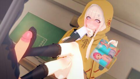 1boy 1girls 3d blonde_hair blushing_profusely danganronpa danganronpa_rebirth faceless_male fanganronpa female footjob footjob_with_legwear footjob_with_one_foot male mizuta_marin penis porn_magazine yellow_hood