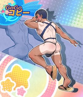 1boy 2023 ass back_view big_ass black_fundoshi blue_hair blush bulge butt_crack flip_flops fundoshi gay haragake_(clothing) male male_only nipples original shafu solo tagme takamaru_(pixiv9493120) tan_skin tanline yaoi