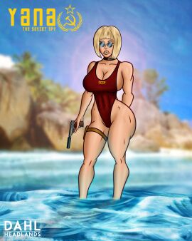 1girls ass beach big_ass big_breasts bimbo blonde_hair bob_cut breasts cccp choker cleavage cold_war dahlheadlands female gun hammer_and_sickle holding_gun holster jackerman leotard pinup pinup_pose pistol red_leotard russian russian_text secret_agent solo_female soviet spy summer sunglasses sunny swimsuit text thighs tinted_eyewear toned toned_female water yana_(jackerman)