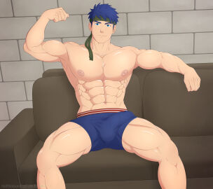 1boy abalionart abs absurdres armpits balls bara biceps big_nipples blue_eyes blue_hair blue_male_underwear boxer_briefs bulge closed_mouth couch covered_balls covered_penis fire_emblem fire_emblem:_radiant_dawn flexing gay green_headband headband highres ike_(fire_emblem) indoors large_areolae large_pectorals looking_at_viewer male male_only male_underwear muscular muscular_male navel nipples on_couch pectorals penis shiny_skin sitting solo thick_thighs thighs twitter_username underwear underwear_only yaoi
