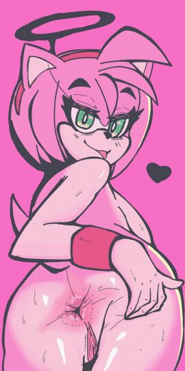 1:2 amy_rose anthro anus ass bodily_fluids bracelet female genitals heart_symbol hi_res jewelry sega sh1vss simple_background solo sonic_(series) sonic_the_hedgehog_(series) spread_anus spread_butt spreading sweat tongue tongue_out vulva