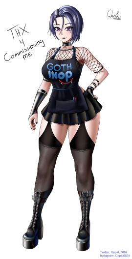 1girls alternate_costume apron artist_name artist_signature athletic athletic_female big_breasts big_hips black_apron black_choker black_eyelashes black_eyeliner black_eyeshadow black_fishnets black_gloves black_hair black_legwear black_lips black_lipstick black_nail_polish black_nails black_skirt black_stockings black_thighhighs black_topwear bob_cut boots bracelet breasts choker commission commission_art female female_focus female_only fire_emblem fire_emblem:_three_houses fishnet_topwear fishnets gloves goth goth_clothing goth_girl goth_ihop gothic gothic_girl gothified hand_on_hip heart_mole heart_symbol high_heel_boots high_heels high_resolution highres ihop indigo_hair leather_boots leather_gloves light-skinned_female light_skin long_eyelashes mole_under_eye nintendo oppal6669 platform_boots platform_footwear platform_heels purple_eyes shamir_nevrand short_hair short_skirt skirt solo solo_female solo_focus standing stockings thighs tights tomboy