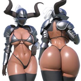 1girls 3d abs armor armored_boots armored_female armored_gloves ass ass_focus back_view big_breasts bikini bikini_armor blender boots breasts dark-skinned_female dark_skin female female_knight from_behind gloves helmet horned_helmet knight micro_bikini minotaur_knight_(popogori) multiple_views muscular muscular_female navel oc ponytail popogori shiny_skin solo thick_ass thick_thighs thighhighs thighs toned white_hair