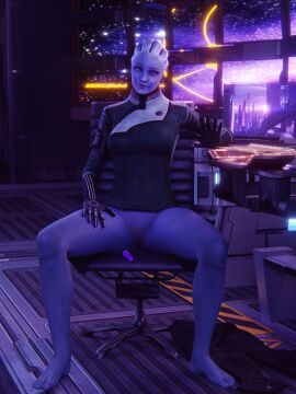 1girls 2023 3d absurd_res alien alien_girl alien_humanoid asari blue_body blue_skin bodily_fluids bottomless bottomless_female caught caught_masturbating chair clothed clothing detailed_background doinks-ahoy feet female female_only furniture genital_fluids genitals gesture gloves handwear hi_res humanoid humanoid_feet liara_t'soni mass_effect office_chair plantigrade purple_pussy pussy pussy_juice_string sex_toy sitting solo vagina vaginal_fluids vibrator waving