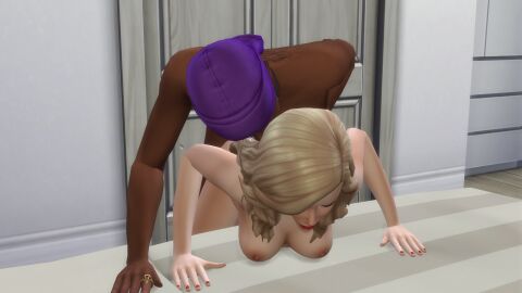 3d big_breasts blonde_hair breasts dark-skinned_male dark_skin female from_behind implied_sex interracial light-skinned_female light_skin male the_sims the_sims_4