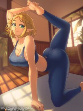1girls 2024 absurdres artist_name ass blonde_hair breasts cleavage female female_only green_eyes highres indoors large_ass large_breasts leg_up looking_at_viewer opalisart plant pointy_ears princess_zelda solo stretching tears_of_the_kingdom the_legend_of_zelda watermark yoga yoga_mat yoga_pants zelda_(tears_of_the_kingdom)
