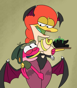 1boy 1girls amphibia amphibia_(series) amphibian anthro anthro_focus breasts cleavage clothed clothing cosplay darkstalkers disney disney_channel disney_television_animation disney_xd felicia_sundew female halloween head_wings heart hips holidays male morrigan_aensland_(cosplay) sprig_plantar takeshi1000 thick_thighs thighs tongue tongue_out wide_hips wings