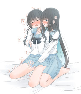 2girls barefoot black_bow black_bowtie black_hair blue_sailor_collar blue_skirt blush bow bowtie breasts closed_eyes commentary_request female fingering grabbing_another's_breast grabbing_from_behind grey_eyes groping highres kneeling kurosawa_karura long_hair multiple_females multiple_girls open_mouth original pleated_skirt reach-around sailor_collar school_uniform serafuku shirt skirt speech_bubble translation_request white_shirt yuri