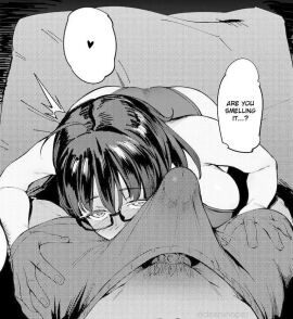 breasts bulge bulge_through_clothing doujinshi face_in_crotch female glasses hearts_around_head large_breasts male meido_sushi nerd penis smell smelling smelling_crotch smelling_penis tagme tagme_(artist) text_bubble