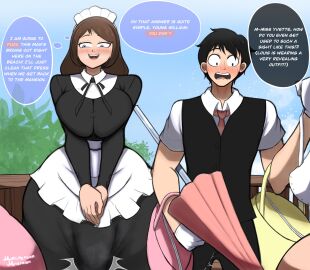 1boy 1futa 2024 black_eyes black_hair blue_eyes blush blush_lines boner boner_in_pants boner_under_clothes breasts brown_hair butler clothed clothing dialogue dirty_talk english_text erection erection_under_clothes erection_under_clothing erection_under_dress fully_clothed futanari huge_cock human intersex light-skinned_futa light-skinned_male light_skin maid male nataliebum25 original original_character penis standing tenting text text_bubble thick_thighs thought_bubble topless wide_hips william_(nataliebum25) yvette_(nataliebum25)