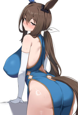 absurdres admire_vega_(umamusume) alternate_costume animal_ears ass blush breasts china_dress chinese_clothes closed_mouth dress dush_1154 elbow_gloves female from_behind gloves highres horse_ears horse_girl horse_tail large_breasts looking_at_viewer looking_back pink_eyes simple_background tail textless_version umamusume white_background white_gloves