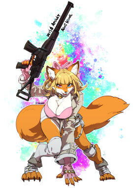2d 2d_(artwork) akai_hime_(wild_assault) anthro as_val boob_window breast_window breasts breasts_bigger_than_head claws digitigrade female fingerless_gloves fox fox_ears fox_girl fox_humanoid fox_tail furry furry_breasts furry_ears furry_female furry_only gloves gun hanging_breasts heterochromia knee_pads large_breasts massive_breasts paws revealing_breasts revealing_clothes revealing_outfit smile solo teteteko watermark weapon wild_assault