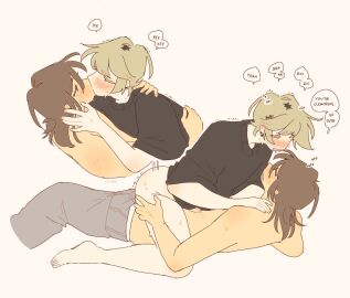 2boys ahoge anal arm_around_neck arms_around_partner artist_name black_shirt blonde_hair blush bottomless brown_hair closed_eyes color completely_nude dialogue drooling dyed_hair ear_blush ear_piercing earrings english_text erection eyebrows_visible_through_hair full-face_blush functionally_nude hand_on_another's_face hand_on_another's_shoulder hand_on_another's_thigh happy_trail juliegg kneeling kouta_(juliegg) leaning_forward long_hair looking_at_partner looking_pleasured lying lying_on_back male_penetrated male_penetrating male_penetrating_male male_pubic_hair moaning mole mole_under_eye mole_under_mouth motion_lines obscured_penetration original pants_down penis precum precum_drip precum_on_penis pubic_hair riding riding_penis romantic rui_(juliegg) saliva sound_effects speech_bubble straddling sweat sweatpants thigh_grab tied_hair trembling watermark white_background wholesome yaoi