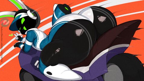 2d 2d_(artwork) 2d_artwork ass ass_focus black_body black_skin breasts bunny dark-skinned_female dark_skin female first_porn_of_character first_porn_of_franchise floating_heart green_eyes green_mouth hair hat heart huge_ass looking_at_viewer looking_back looking_back_at_viewer motion_lines motor_vehicle motorcycle neo_hajime open_mouth open_mouth_smile project_turboblast rear_view robot robot_bunny robot_girl smile solo tagme tempo_(project_turboblast) v_sign