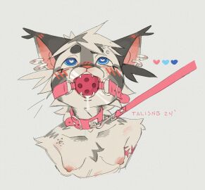 anthro arm_tattoo ball_gag blush bodily_fluids breasts collar cum cum_drip cum_in_mouth cum_inside cum_on_face dripping ear_piercing erect_nipples felid feline female fluffy fur fur_markings gag genital_fluids heart_eyes heart_symbol hi_res hyena inner_ear_fluff leash leash_pull leashed_collar mammal markings nipples nude piercing seductive solo talisnb tattoo tuft