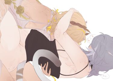 aglaea_(honkai:_star_rail) blackrunel blonde_female blonde_hair blush cat_ears cat_girl cat_tail catgirl cipher_(honkai:_star_rail) clothed clothed_sex clothes clothing dress feline female honkai:_star_rail honkai_(series) no_panties no_pants older_female tattoo tattoos younger_female yuri