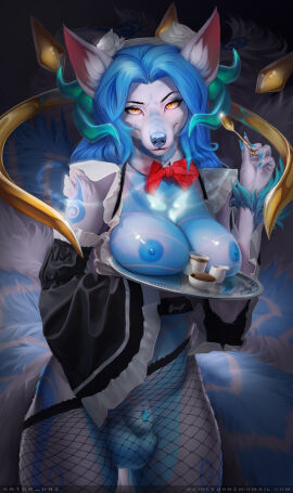 animal_genitalia anthro beverage breasts canid canine clothing coffee dress female fishnet_clothing fox fur futanari generation_1_pokemon genitals hair herm hnz housemaid intersex knot lace legwear maid_uniform mammal mature_female nazzarah ninetales nintendo nipples pinup playful pokemon pokemon_(species) pose presenting seductive sheath solo stockings tail tattoo tea tip tray uniform view waiter