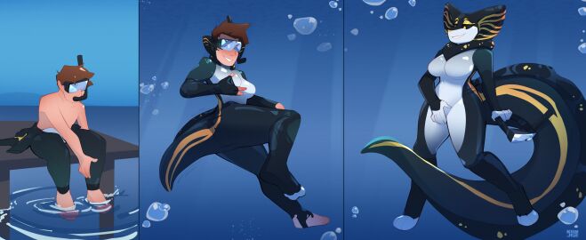 absurd_res animal_humanoid anthro big_tail diving_gear diving_mask diving_suit eel eel_humanoid female fish fish_humanoid gender_transformation hi_res human humanoid krim_hue latex male mammal marine marine_humanoid mask mtf_transformation snake_hood solo tail transformation underwater underwater_masturbation water water_bubble