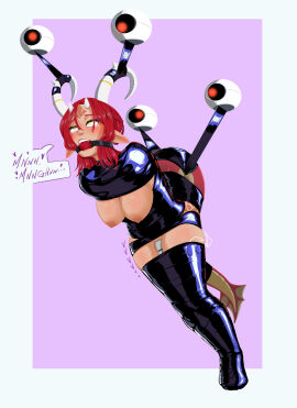 arms_tied_behind_back ball_gag bondage breast_bondage breasts_out dragon_girl femsub horns legs_tied naked_female navara_(truedoublej69) pointed_ears rocatart suspension_bondage tan-skinned_female tape_bondage vibrator_in_pussy wand_vibrator