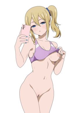 blonde_hair blue_eyes blush bottomless breasts cellphone censored censored_pussy coro_fae female female_focus gym_shirt hayasaka_ai kaguya-sama_wa_kokurasetai_~tensai-tachi_no_renai_zunousen~ large_breasts long_hair looking_at_viewer one_breast_out painted_nails perky_nipples pussy selfie shirt_lift side_ponytail simple_background white_background