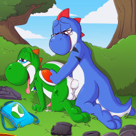 2020 anal anal_sex animal_genitalia animal_penis anthro ass backpack backsack balls ballsack biped blue_body blue_eyes bodily_fluids countershade_face countershade_tail countershade_torso countershading day dinosaur doggy_style dripping duo erection eyewear eyewear_only from_behind_position fuf geckospot_(yoshigeckospot) genital_fluids genitals glasses glasses_only green_body hi_res looking_at_another looking_at_partner looking_pleasured male male/male male_penetrated male_penetrating male_penetrating_male mario_(series) mario_bros multicolored_body nintendo nude open_mouth outside penetration penile penile_penetration penis penis_in_ass plant precum precum_drip reptile scalie sex shell shrub tail tongue tongue_out tree two-tone_body wearing_glasses white_body white_countershading yoshi