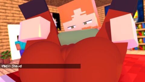 1boy 1girls 3d alex_(minecraft) ass ass_focus big_ass big_breasts breasts brown_hair bubble_ass bubble_butt clothing female female_focus green_eyes holding_legs huge_breasts legs_up lying male mine-imator minecraft orange_hair pussy steve_(minecraft) text thick_thighs vagina veridut