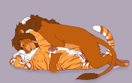 caraluca duo feet felid feline female feral genitals holding_partner legs_up lion male male/female male_on_top mammal on_top pantherine pawpads paws penetration penile penile_penetration penis pussy side_view smile tail tiger