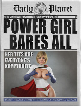 3d areola areolae big_breasts blonde-haired_female blonde_female blonde_hair breasts character_name dc dc_comics drdabblur female female_focus female_only kara_zor-l karen_starr light-skinned_female light_skin newspaper power_girl pubic_hair signature superman_(series) text
