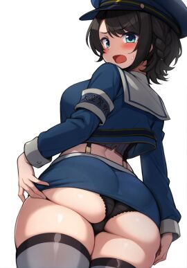 ass black_hair black_panties blue_eyes blue_shirt blue_skirt blush breasts cowboy_shot female female_only hat highres hololive hololive_gen_2 hololive_japan huge_ass light_frown long_sleeves looking_at_viewer medium_breasts midriff miniskirt official_alternate_costume oozora_subaru oozora_subaru_(casual) open_mouth panties pantyshot pantyshot_(standing) pencil_skirt police police_hat police_uniform policewoman revealing_clothes sailor_collar sakanaya_(sakanaya952) shirt shirt_under_shirt short_hair skimpy_clothes skindentation skirt solo stockings thick_thighs thighhighs thighs underwear uniform upskirt virtual_youtuber white_background