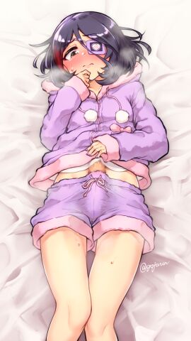 1futa big_breasts big_penis black_hair blush breasts bulge censored clothed clothing erection erection_under_clothes futa_only futanari gojarun hayasaka_mirei heavy_breathing highres human idolmaster idolmaster_cinderella_girls intersex light-skinned_futa light_skin long_hair lying mosaic_censoring mostly_clothed on_back on_bed penis solo sweat