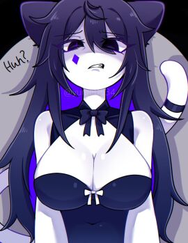 big_breasts bowtie breasts cat_ears cat_tail cleavage colored_sketch dialogue disgusted dress female long_hair looking_at_viewer looking_down original original_character purple_eyes purple_hair simple_background tagme_(character) tattoo white_body yume0534