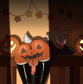 2_horns anthro anus ass backsack balls ballsack bent_over black_clothing black_hoodie black_topwear bodypaint bovid caprine clothing decoration dipstick_ears ear_markings femboy fur furniture genitals goat hair halloween halloween_costume halloween_theme hi_res hoodie horn humanoid_genitalia humanoid_penis jack-o'-lantern latex latex_clothing latex_legwear leaf legwear looking_back male mammal multicolored_body multicolored_ears multicolored_fur orange_body orange_fur orange_horn paint painted_butt penis presenting_anus presenting_ass presenting_hindquarters scut_tail short_tail small_penis solo table tail tamdagoat topwear trick_or_treat white_body white_fur white_hair y_anus