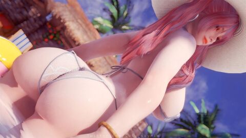 1girls 3d 3d_render ass big_breasts bikini blue_highlights bracelet breasts female hoop_earrings huge_ass huge_breasts large_breasts light-skinned_female light_skin long_hair multicolored_hair pale-skinned_female pale_skin pink_eyes pink_hair pool slim_waist solo sun_hat susu_skyrim thick_ass thick_thighs twintails voluptuous
