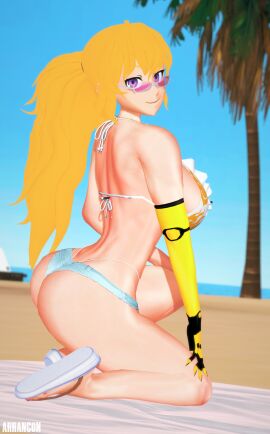 1girls arrancon beach beach_towel bikini bikini_bottom bikini_top birthday blonde_female blonde_hair female long-haired_female long_hair looking_over_eyewear looking_over_sunglasses ponytail pose posing purple_eyes robotic_arm rwby sandals short_shorts solo_female sunglasses tinted_eyewear yang_xiao_long