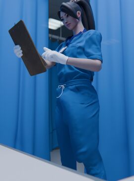 3d big_penis bulge bulge_through_clothing flaccid futanari giant_penis gloves looking_away low_angle manufatura nurse ponytail sage_(valorant) scrubs self_upload tagme valorant