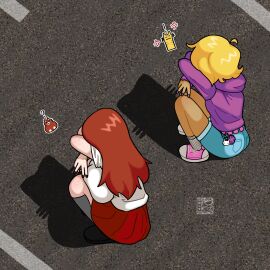 2girls blonde_hair breast_envy breasts cat_shadow_puppet_(meme) female female_focus female_only flat_chest freckles gyaru huge_breasts jealous_female large_breasts owlyn pale_skin tan_skin trend