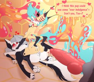 2024 3_toes 4_arms 4_fingers animal_genitalia animal_penis anthro anthro_on_anthro anus arthropod ass bee black_nose blue_hair blush bodily_fluids breasts canid canid_demon canine canine_genitalia canine_penis claws demon dialogue dripping english_text erection feet female female/female finger_claws fingers fox fur genital_fluids genitals grey_body grey_fur group hair hand_on_breast hellhound helluva_boss hi_res hybrid hymenopteran imminent_threesome insect_wings insects itsuko103 knot loona_(helluva_boss) lying male male/female mammal mostly_offscreen_character multi_arm multi_limb multicolored_body multicolored_fur multicolored_hair mythological_canine mythological_creature mythology nipples nude on_back penis pink_eyes pink_hair precum precum_drip pussy queen_bee-lzebub_(helluva_boss) red_sclera sex silver_hair speech_bubble spread_legs spreading text toe_claws toes tribadism trio two-tone_body two-tone_fur two-tone_hair vaginal_penetration vortex_(helluva_boss) white_body white_eyes white_fur wings yellow_body yellow_fur
