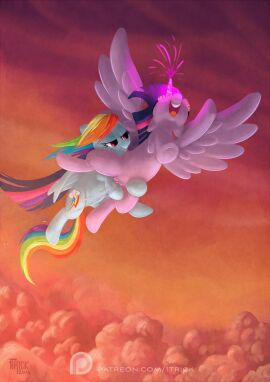 1trick 2015 alicorn cloud cloudy_sky dated duo equid equine female female/female fingering friendship_is_magic hasbro hi_res horn horse mammal my_little_pony orange_sky pegasus pony pussy rainbow_dash_(mlp) sky twilight_sparkle_(mlp) vagina wings