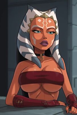 1girls ahsoka_tano alien bare_shoulders big_breasts bimbo bimbo_lips bimbofication bounce bouncing_breasts breasts busty clone_wars colored_skin face_markings facial_tattoo female female_focus goldencharacters hi_res hourglass_figure humanoid indoors jedi jumping lipstick lucasfilm male markings montrals nail_polish orange_skin prostitution sleeveless solo star_wars star_wars_rebels tagme tentacle_hair togruta tubetop video