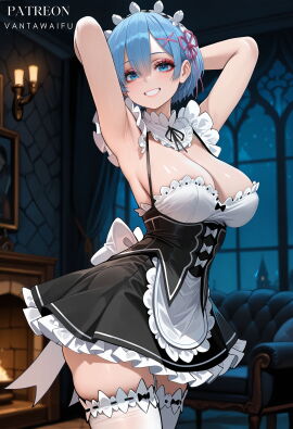 ai_generated apron armchair armpits arms_behind_head arms_up artist_name back_bow bangs bare_arms bare_shoulders black_dress black_ribbon blue_eyes blue_hair blush breasts cleavage clothing couch cowboy_shot detached_collar dress female fireplace flower_knot frilled_dress frills grin hair_ornament hair_ribbon hairband headdress headwear indoors interracial large_breasts legwear looking_at_viewer maid maid_headdress netorare night ntr patreon_username pink_ribbon presenting_armpit re:zero_kara_hajimeru_isekai_seikatsu rem_(re:zero) ribbon ribbon-trimmed_legwear roswaal_mansion_maid_uniform short_hair sleeveless_dress smile solo standing thighhighs thighs uniform vantawaifu white_apron white_bow white_legwear white_thighhighs window x_hair_ornament zettai_ryouiki