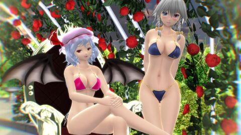 2023 2girls 3d bikini blue_bikini chair embodiment_of_scarlet_devil female garden hati_yukkuri_mmd headwear heterochromia human leaves light-skinned_female light_blue_hair light_skin maid mikumikudance mmd mob_cap ornate outdoors outside pink_bikini red_eyes remilia_scarlet roses sakuya_izayoi short-haired_female sitting_on_chair swimsuit touhou vampire_girl vampire_wings white-haired_female wings yellow_bowtie