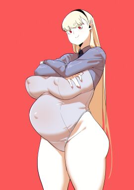 big_ass big_breasts blonde_hair crossed_arms elf elf_ears female female_only hairband huge_breasts kyattorosu leotard long_hair looking_at_viewer maternity_clothes nipple_bulge original pale-skinned_female pale_skin pointy_ears pregnant red_background red_eyes smile solo thick_thighs very_long_hair wide_hips