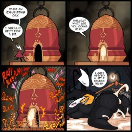 2025 2_horns 4_panel_comic absurd_res after_sex antennae_(anatomy) anthro arthropod ass black_body black_eyes black_text blush bodily_fluids breasts building cloak closed_eyes clothing comic cum dialogue door duo empty_eyes english_text excessive_cum excessive_genital_fluids exclamation_point eyelashes female fingers genital_fluids genitals hand_on_butt hi_res hollow_knight:_silksong hollow_knight_(franchise) horn hornet_(hollow_knight) house idolomantises intersex_(lore) melee_weapon motion_lines nude plap_(sound) red_cloak red_clothing shakra_(hollow_knight:_silksong) sound_effects speech_bubble sweat sweatdrop talking_to_another team_cherry text vulva walking weapon yellow_text