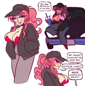 1girls arrabbiatahoe bia_(arrabbiatahoe) big_breasts breasts closed_eyes english_text female hands_in_pockets hat hoodie makeup open_jacket pink_hair ponytail solo speech_bubble sweat_pants