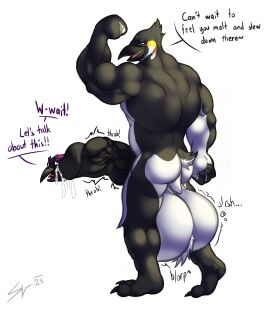 anthro ass avian balls beak ben_the_penguin biceps big_balls big_penis bird black_body bodily_fluids cock_vore corvid corvus_(genus) crow digital_media_(artwork) duo english_text erection feathers flexing flexing_bicep genital_fluids genitals hair hi_res huge_balls huge_cock humanoid_genitalia humanoid_penis hyper hyper_balls hyper_genitalia hyper_penis ivore king_penguin male male/male muscular muscular_anthro muscular_male nude oscine passerine pecs penetration penguin penile penis simple_background size_difference smile tail text tongue vein veiny_penis vore