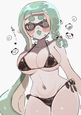 1girls @_@ bikini black_bikini black_eyes blush braid braided_hair breasts cleavage female green_hair inkling inkling_girl large_breasts long_hair looking_at_viewer navel nintendo open_mouth pointy_ears shiny_skin side-tie_bikini simple_background smchan_hll solo solo_female solo_focus splatoon splatoon_(series) splatoon_3 sweat tentacle_hair thick_thighs thighs translation_request white_background