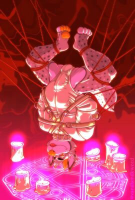 anthro blep bondage bound bulge candle canid canid_demon canine demon furry hell hellhound hi_res horn male mammal mythological_canine mythological_creature mythology nbdog pawpads paws restraints rope rope_bondage rope_harness satanic slightly_chubby solo straitjacket summoning_circle tongue tongue_out vanilla_milkweed