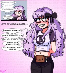 before_and_after braces coupytf dangan_ronpa danganronpa dialogue english_text femsub glasses hair_ornament hair_ribbon kirigiri_kyouko kyoko_kirigiri midriff navel nerd nerdification purple_eyes purple_hair signature speech_bubble t-shirt text